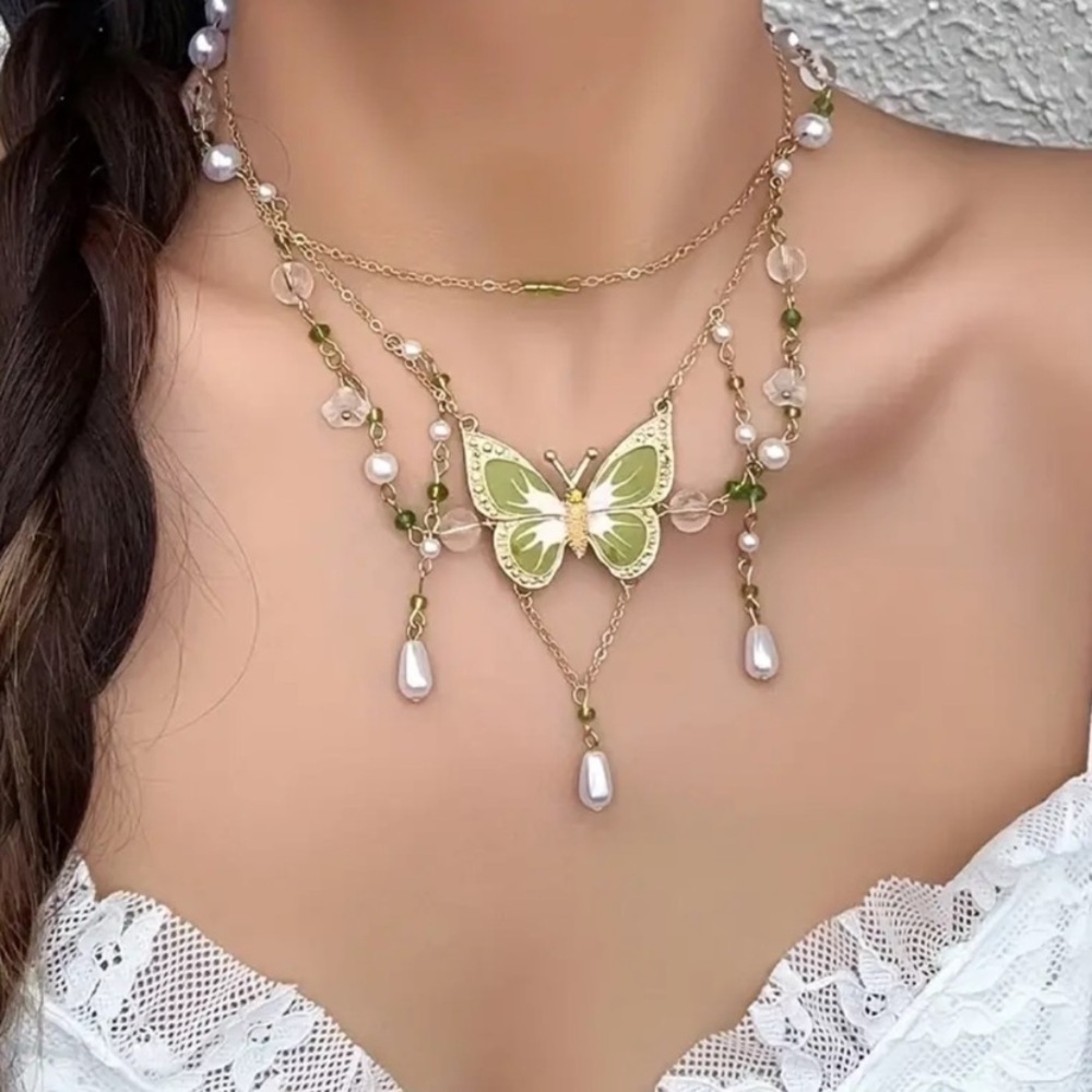 Enchanted Green Butterfly Fairy Necklace- Delicate Imitation Pearl Accent